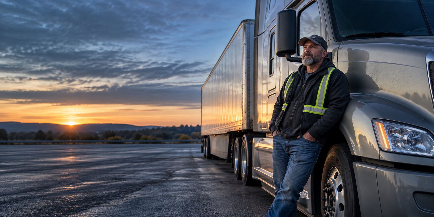 Professional truck driver standing beside a semi truck at dawn